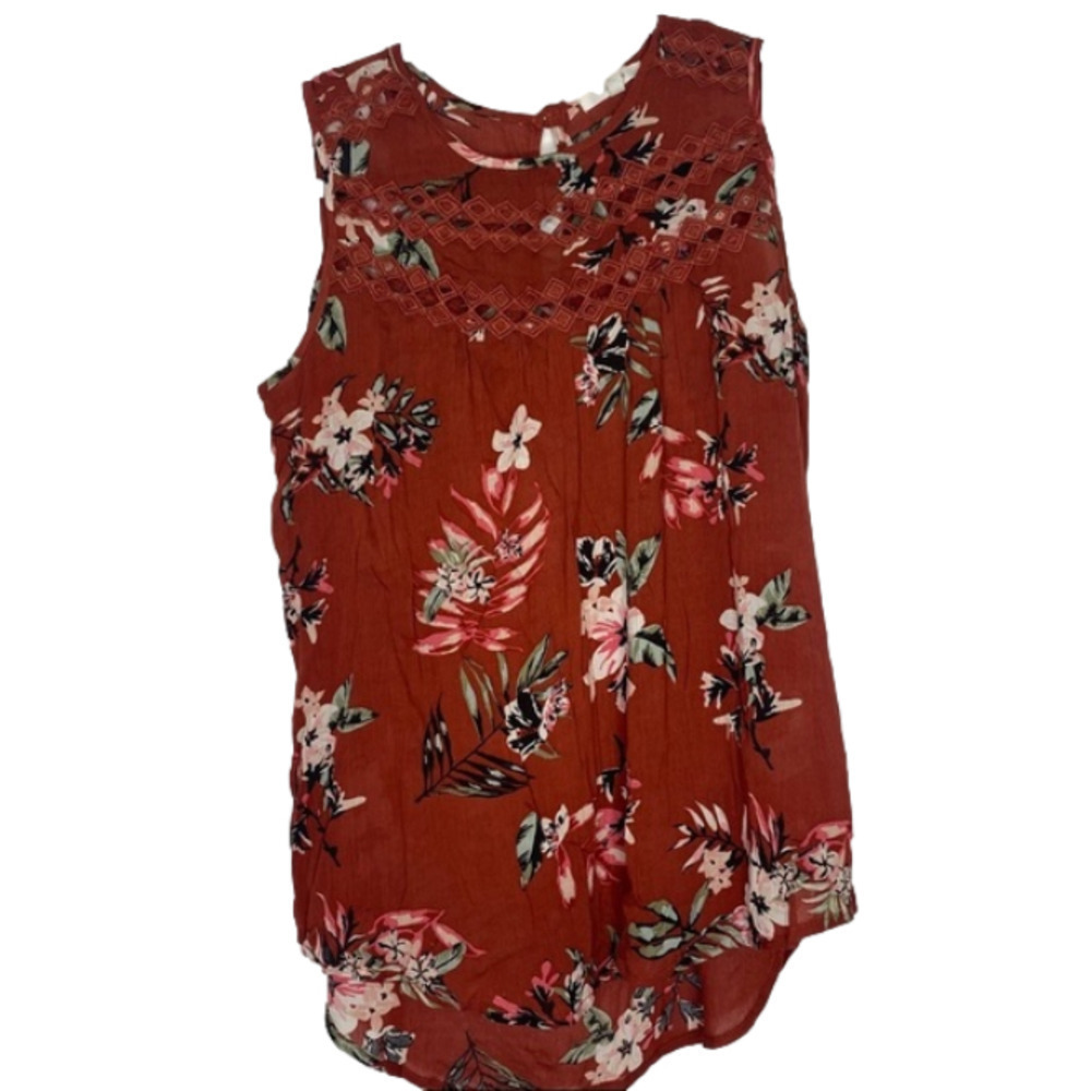 MAURICE’S Tank Top Blouse Floral Sleeveless Shirt Orange White Pink Lillies